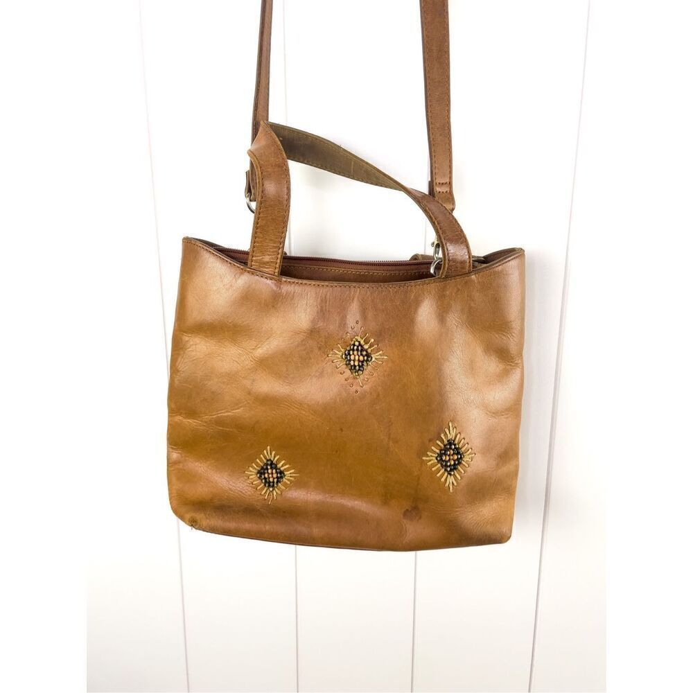 Rolf’s Tan Leather Crossbody Bag With Diamond Bead Design Boho Vintage